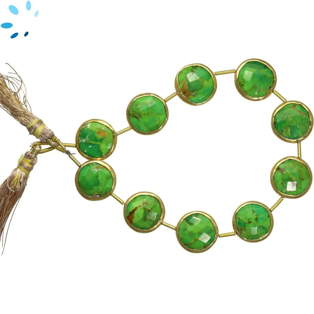 Mohave Green Turquoise Faceted Coin Bezel Set Beads 12mm Center Drilled - 18k Gold Plated Sterling Silver