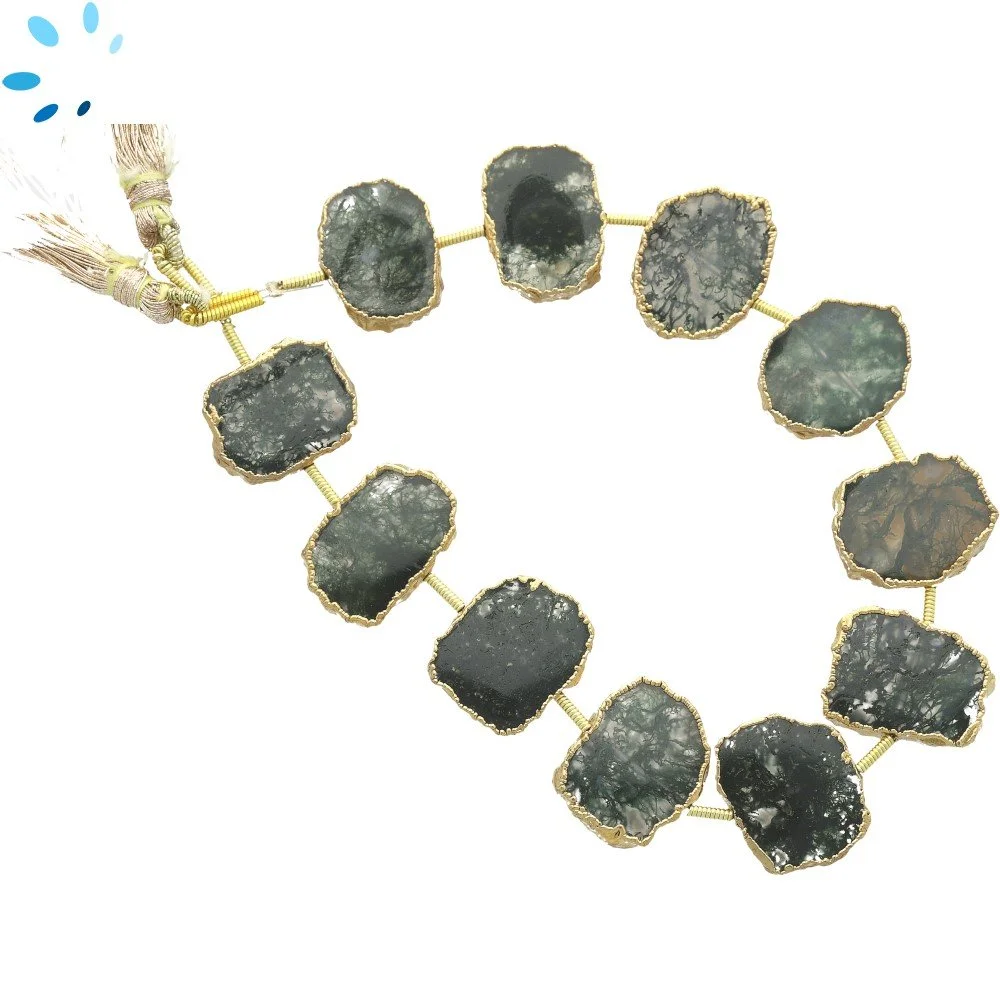 Moss Agate Center Drilled Slice Beads 13x10 - 15x12mm - 18k Gold Electroplated