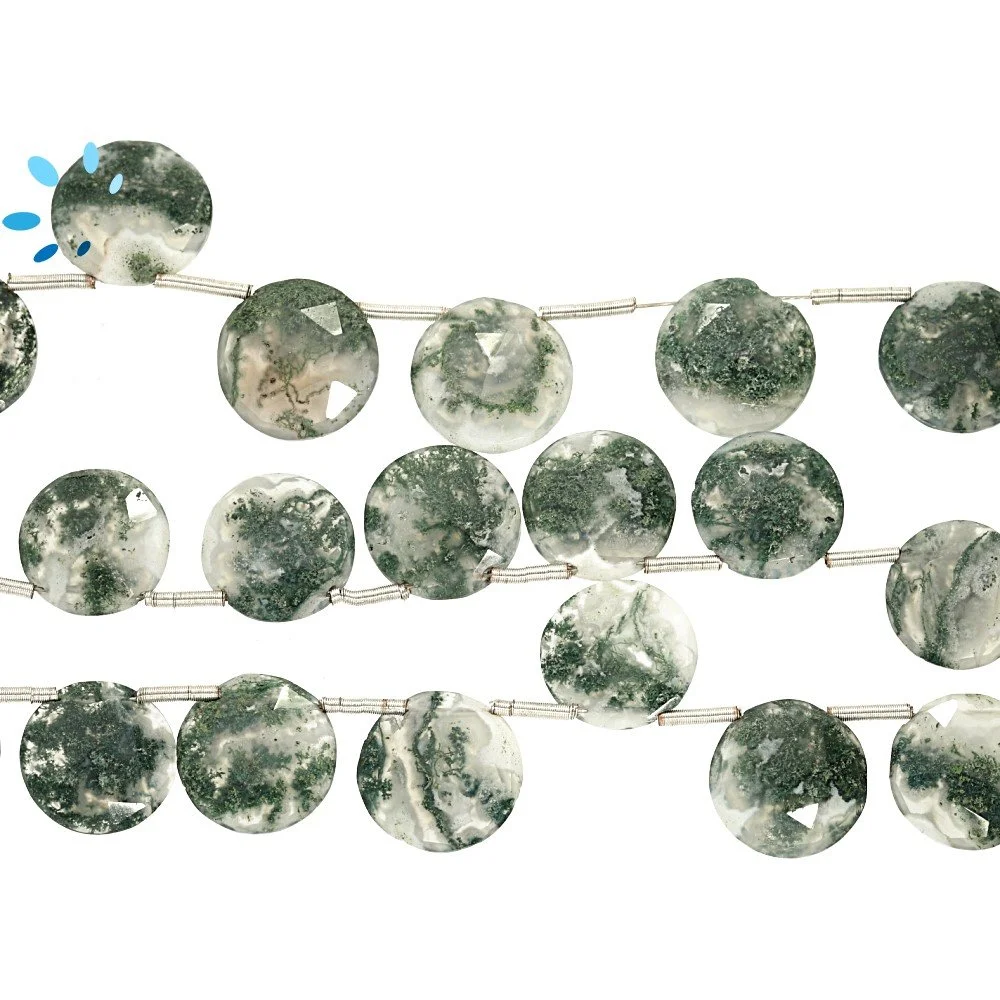 Moss Agate Faceted Coin Top Drilled Beads 12mm - 8 Inch Strand
