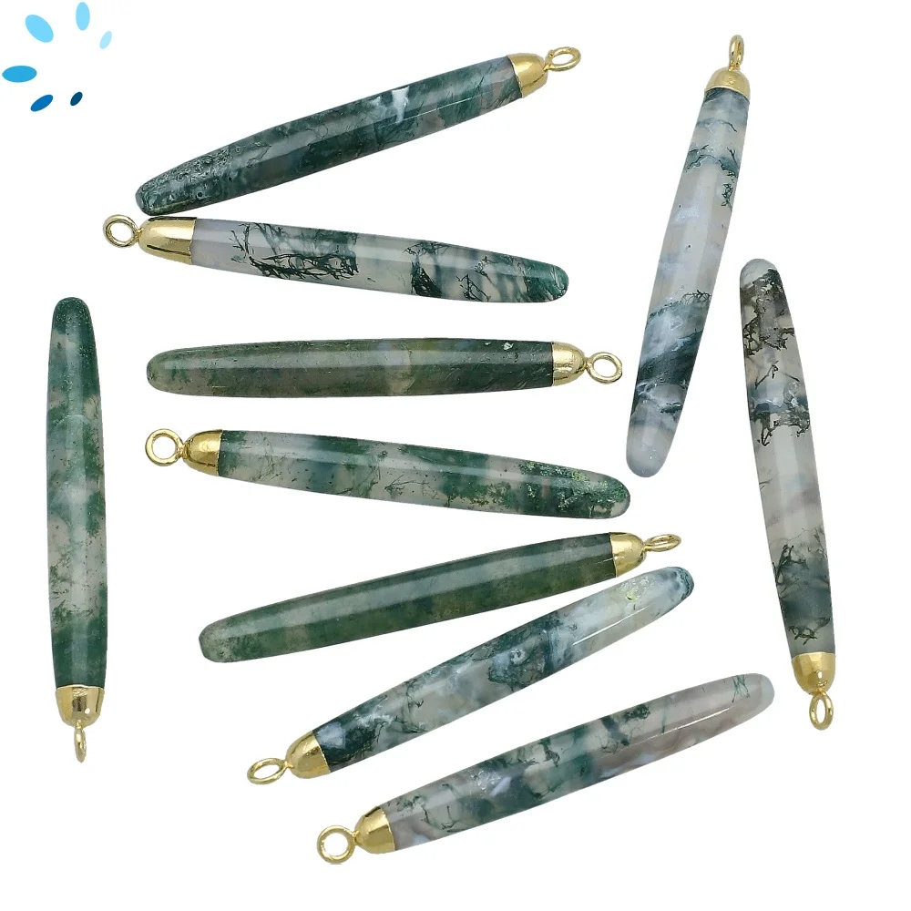 Moss Agate Long Drop Charm Pendant 39x6 - 41x6mm 18k Gold Electroplated - Set of 2