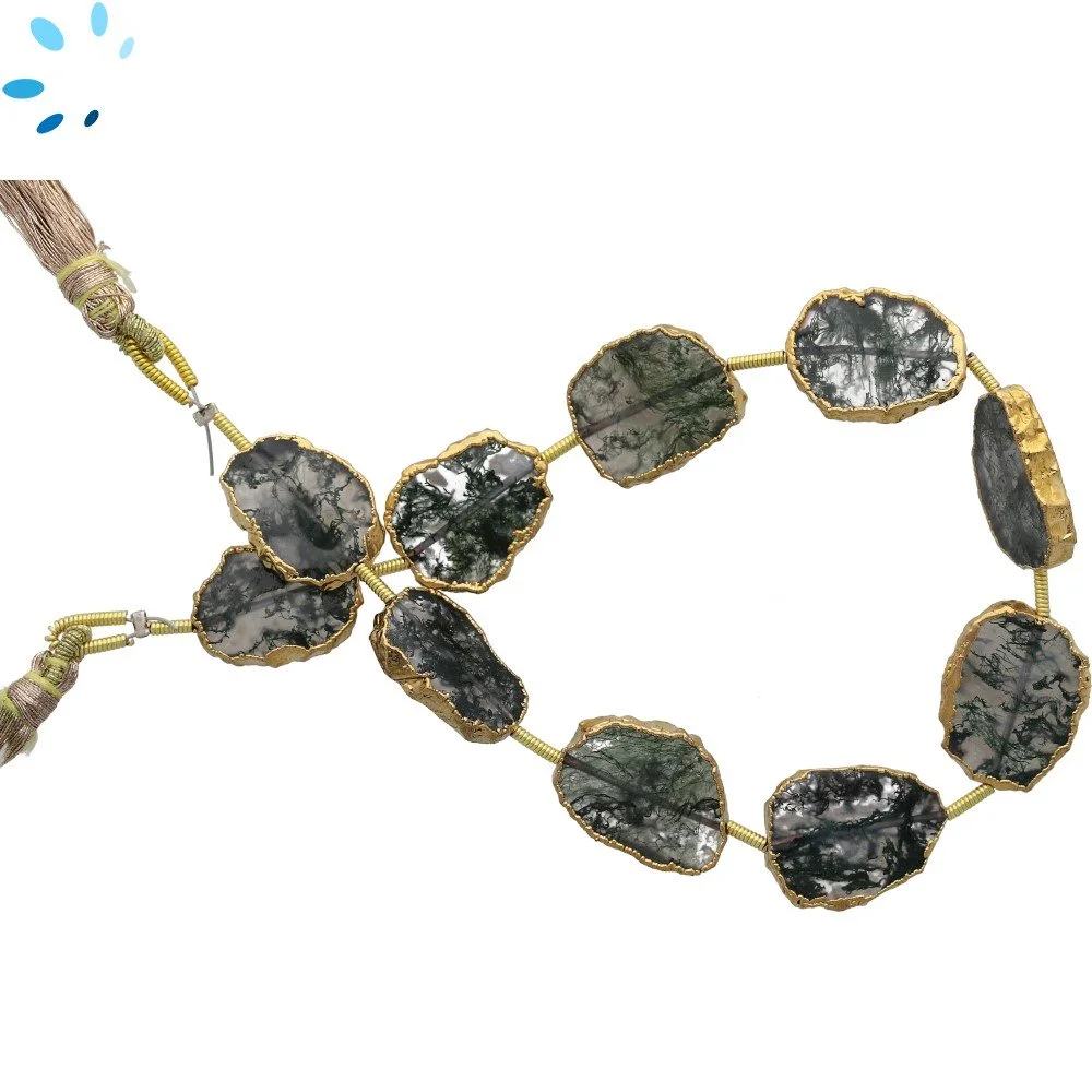 Moss Agate Top to Bottom Drilled Slice Beads 14x10 - 16x12mm - 18k Gold Electroplated