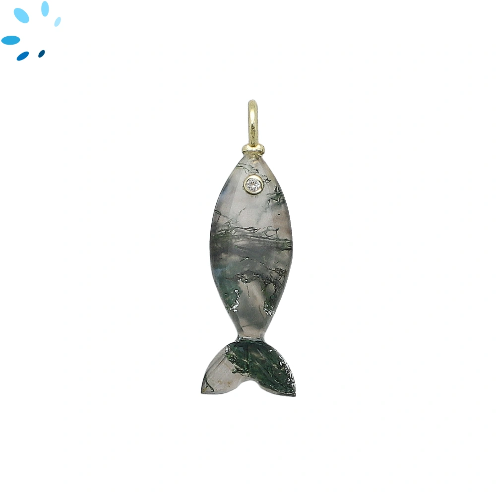 Moss Agate & White Topaz Vertical Elongated Fish Inlay Pendant Charm 25x9mm - 18k Gold Plated Sterling Silver