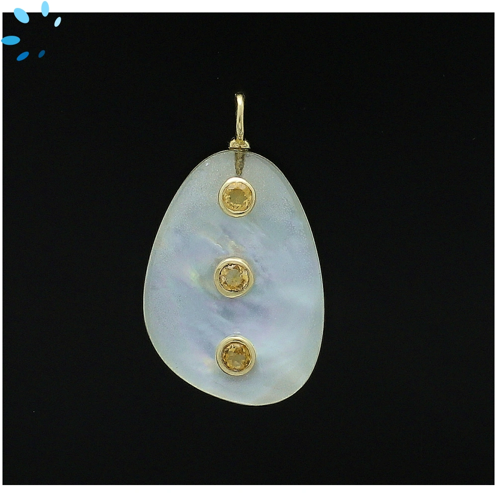 Mother Of Pearl Doublet & Citrine Freeform Inlay Pendant Charm 26x18mm - 18k Gold Plated Sterling Silver - 1 Piece