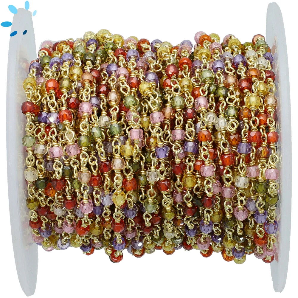 Multi Color Cubic Zirconia Faceted Button 3mm Sterling Silver Gold Plated Rosary Style Beaded Chain Per Foot
