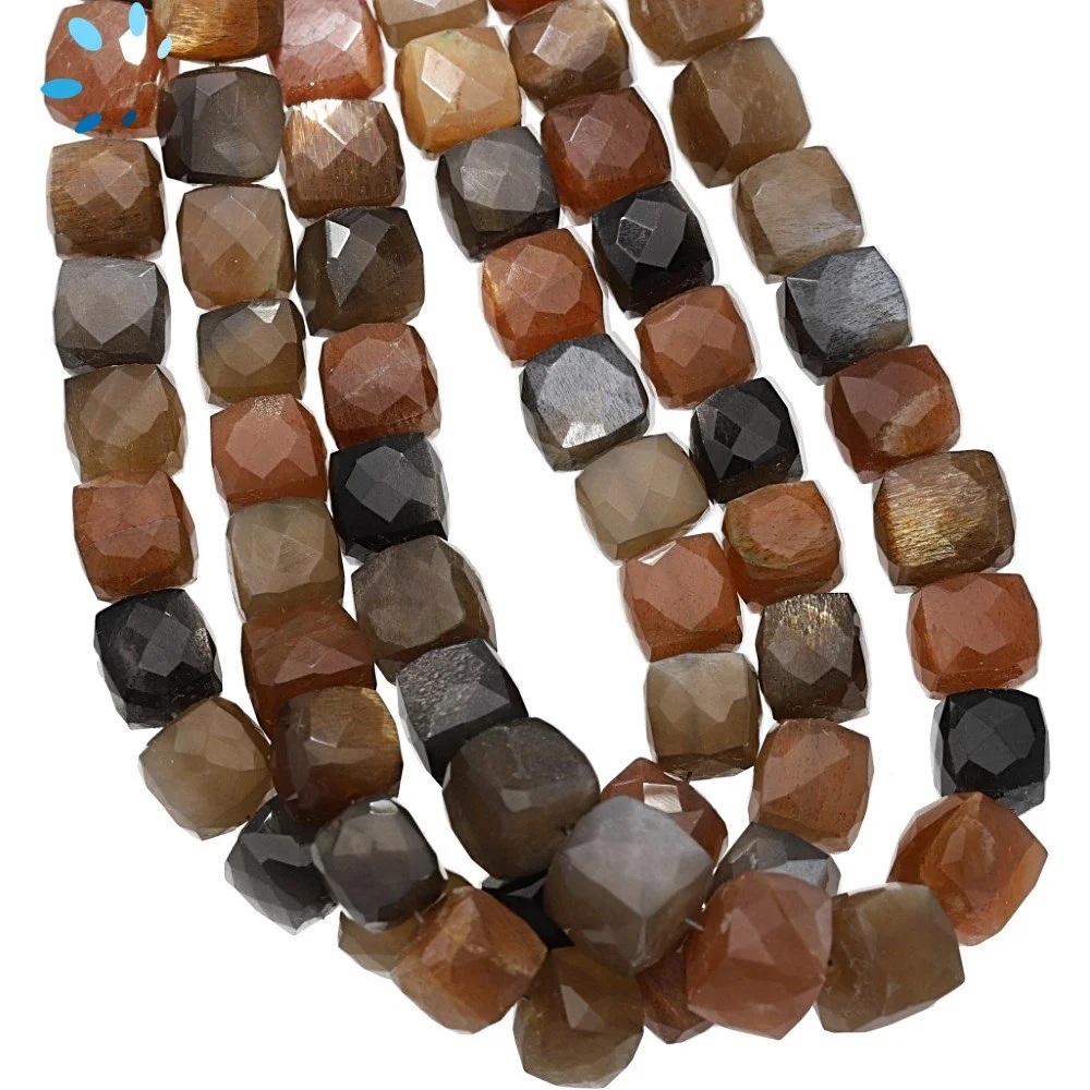 Multi Moonstone Faceted Cube Top to Bottom Drilled Beads 8mm - 8 Inch Strand
