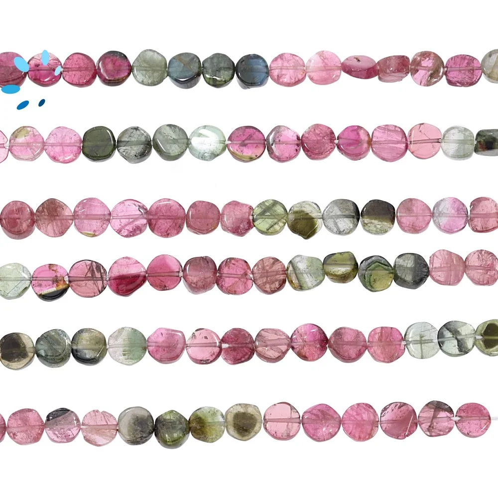 Multi Tourmaline Smooth Coin Top to Bottom Drilled Beads 6mm - 14 Inch Strand