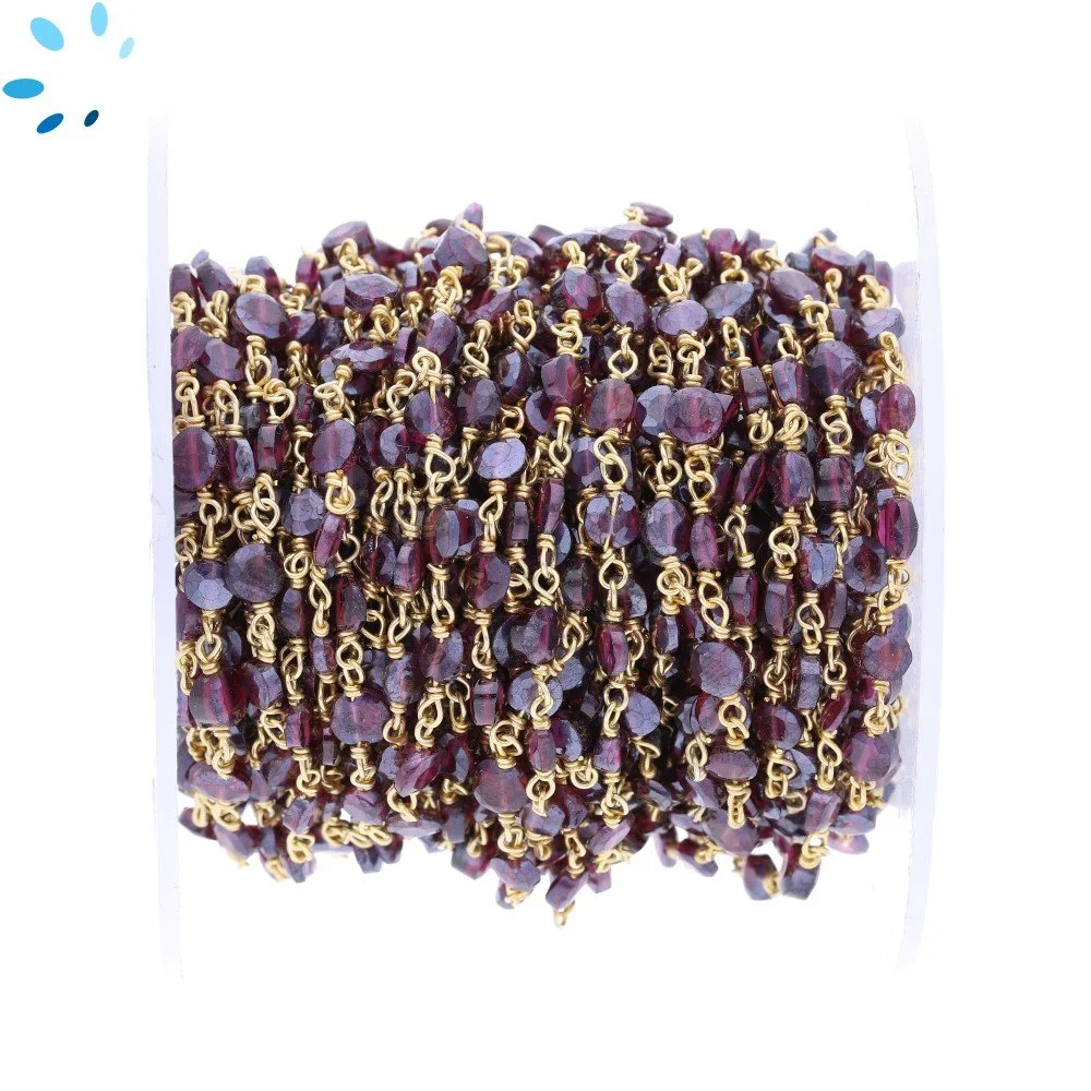 Mystic Garnet Faceted Coin 3.5 - 4.5mm Sterling Silver Gold Plated Rosary Style Beaded Chain Per Foot