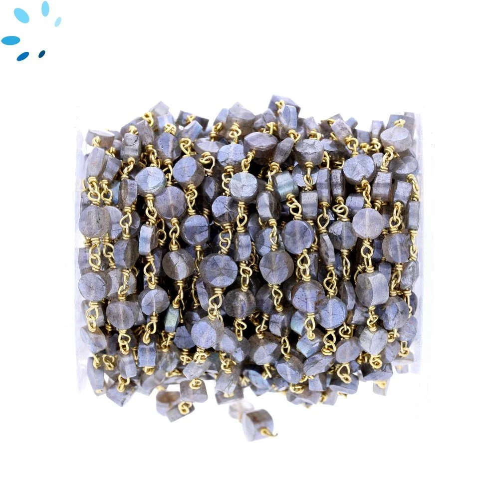 Mystic Labradorite Faceted Coin 5.0 - 6.0mm Sterling Silver Gold Plated Rosary Style Beaded Chain Per Foot