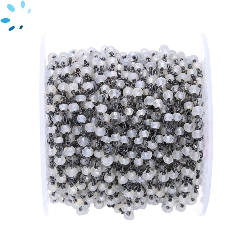 Mystic White Chalcedony Faceted Button 3.5 mm Sterling Silver Black Rhodium Plated Rosary Style Beaded Chain Per Foot