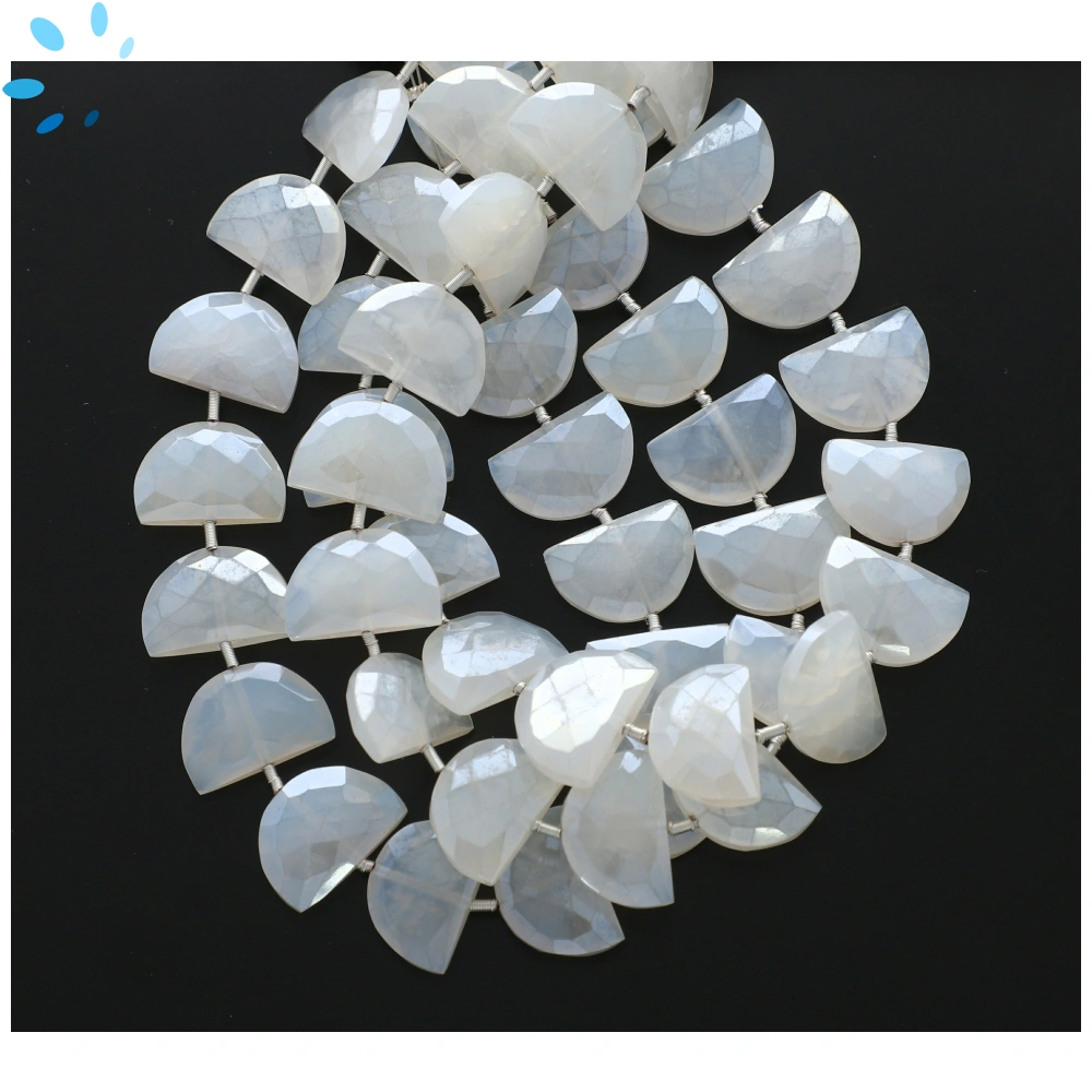 Mystic White Chalcedony Faceted Half Moon Top to Bottom Drilled Beads 15x10mm - 8 Inch Strand