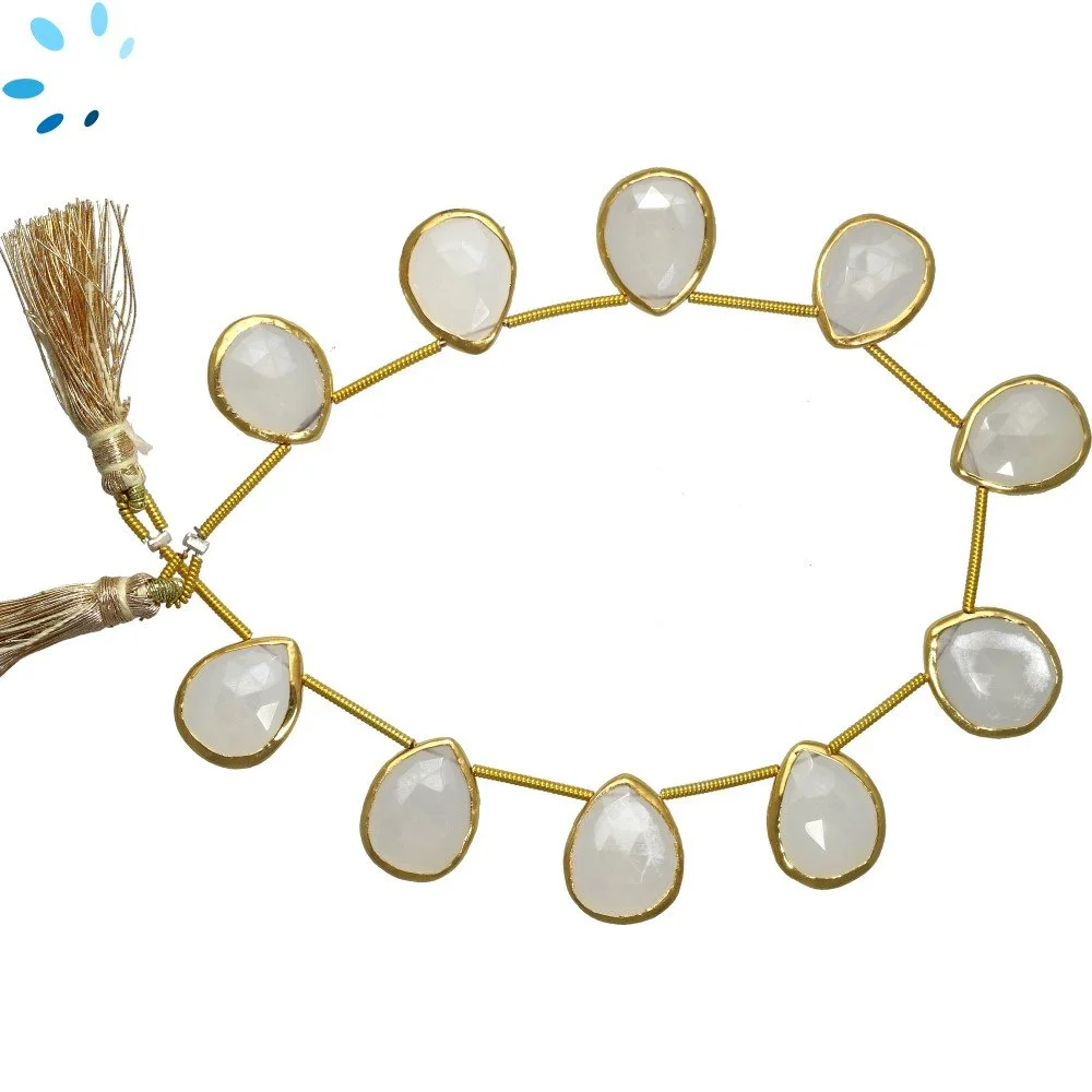 Mystic White Chalcedony Faceted Pear Bezel Set Beads 15x11 - 17x13mm Top Drilled - 18k Gold Plated Sterling Silver