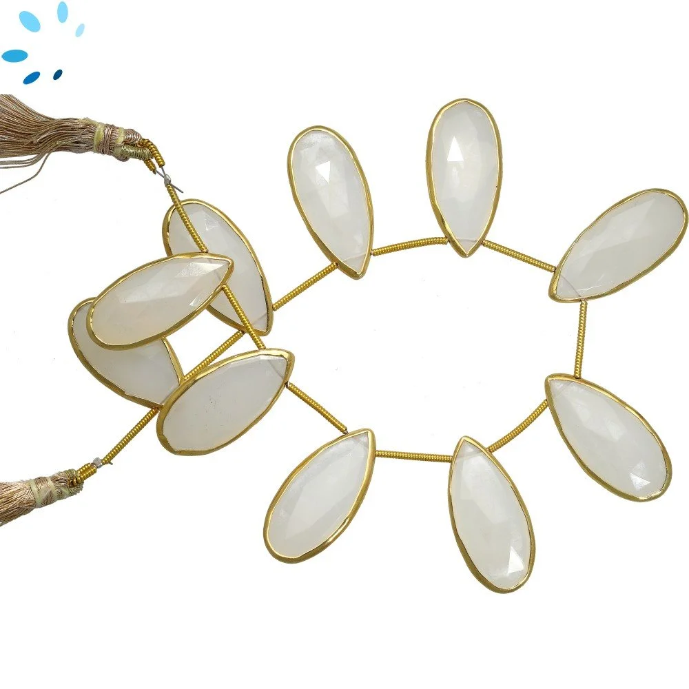 Mystic White Chalcedony Faceted Pear Bezel Set Beads 24x12 - 28x14mm Top Drilled - 18k Gold Plated Sterling Silver