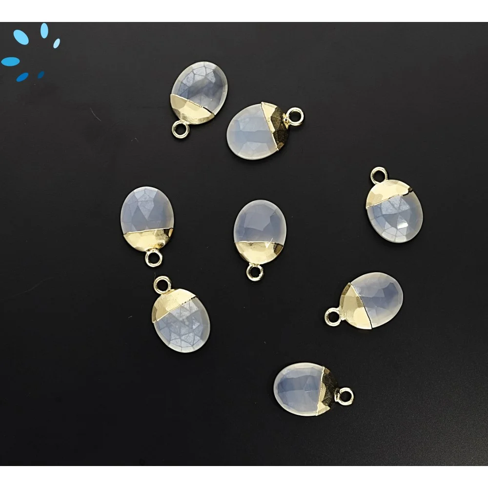 Mystic White Chalcedony Oval Charm Pendant 10x8 - 12x9mm 18k Gold Electroplated - Set of 4