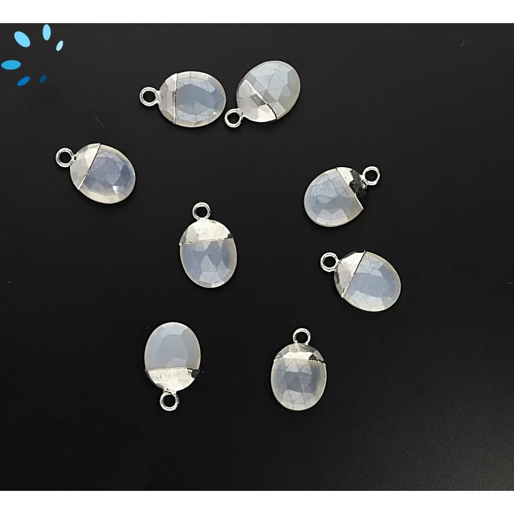 Mystic White Chalcedony Oval Pendant Charm 10x8 - 12x9mm Platinum Electroplated - Set of 4