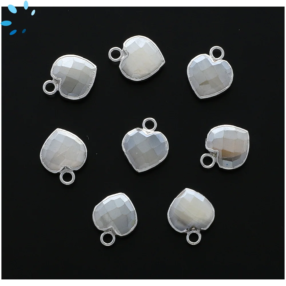 Mystic White Moonstone Heart Charm Pendant 9mm Platinum Electroplated - Set of 4