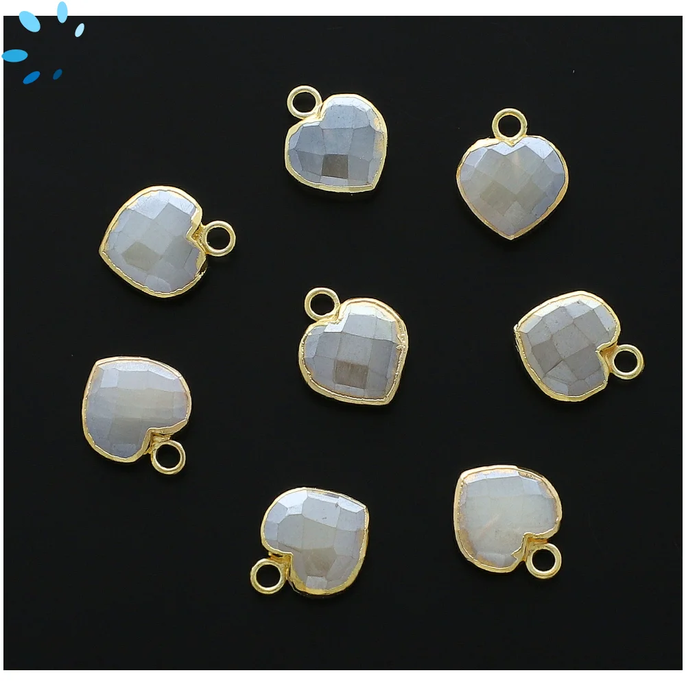 Mystic White Moonstone Heart Pendant Charm 9mm 18k Gold Electroplated - Set of 4