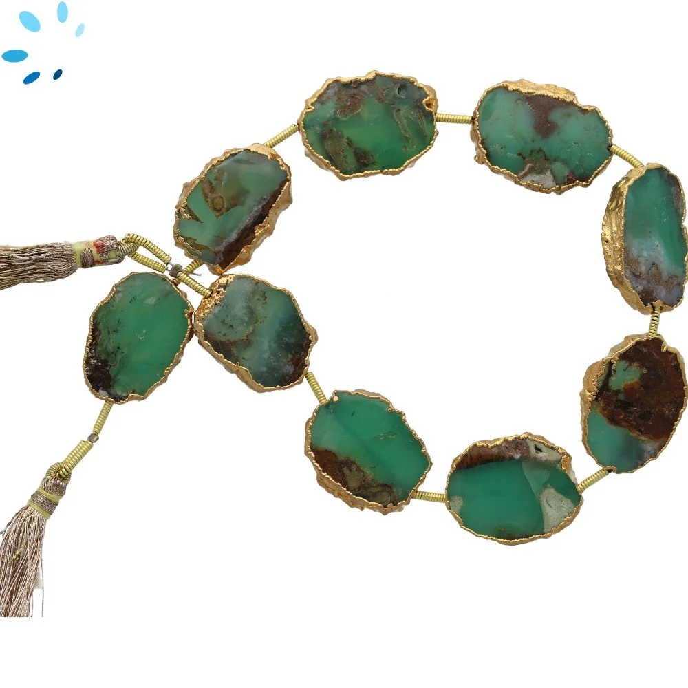 Natural Chrysoprase Top to Bottom Drilled Slice Beads 18x14 - 20x15mm - 18k Gold Electroplated