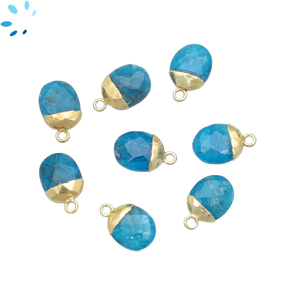 Neon Blue Apatite Oval Pendant Charm 10x8mm 18k Gold Electroplated - Set of 4
