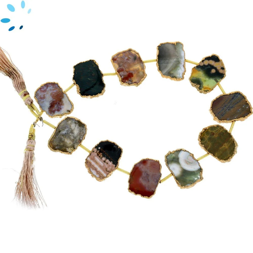 Ocean Jasper Center Drilled Slice Beads 15x12mm - 18k Gold Electroplated