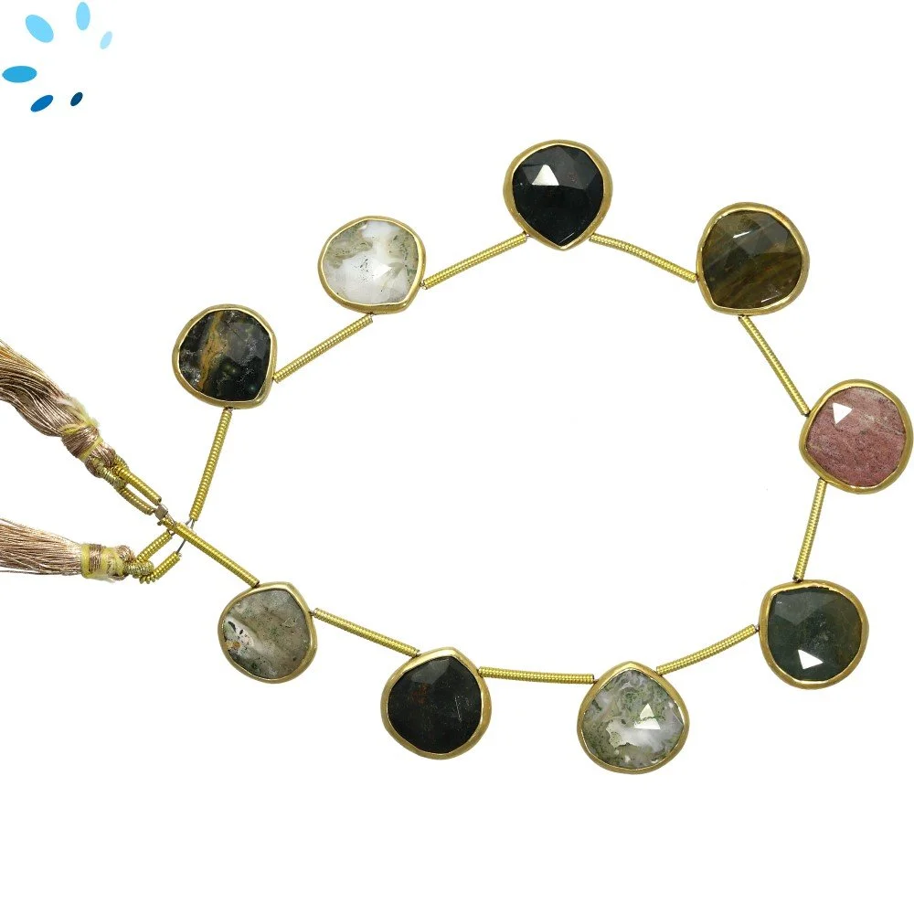 Ocean Jasper Faceted Heart Bezel Set Beads 12mm Top Drilled - 18k Gold Plated Sterling Silver