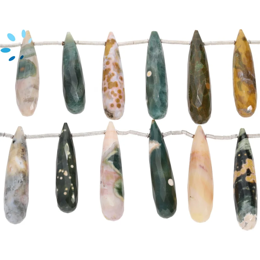 Ocean Jasper Faceted Long Drop Top Drilled Beads 24x7 - 30x8mm - 8 Inch Strand