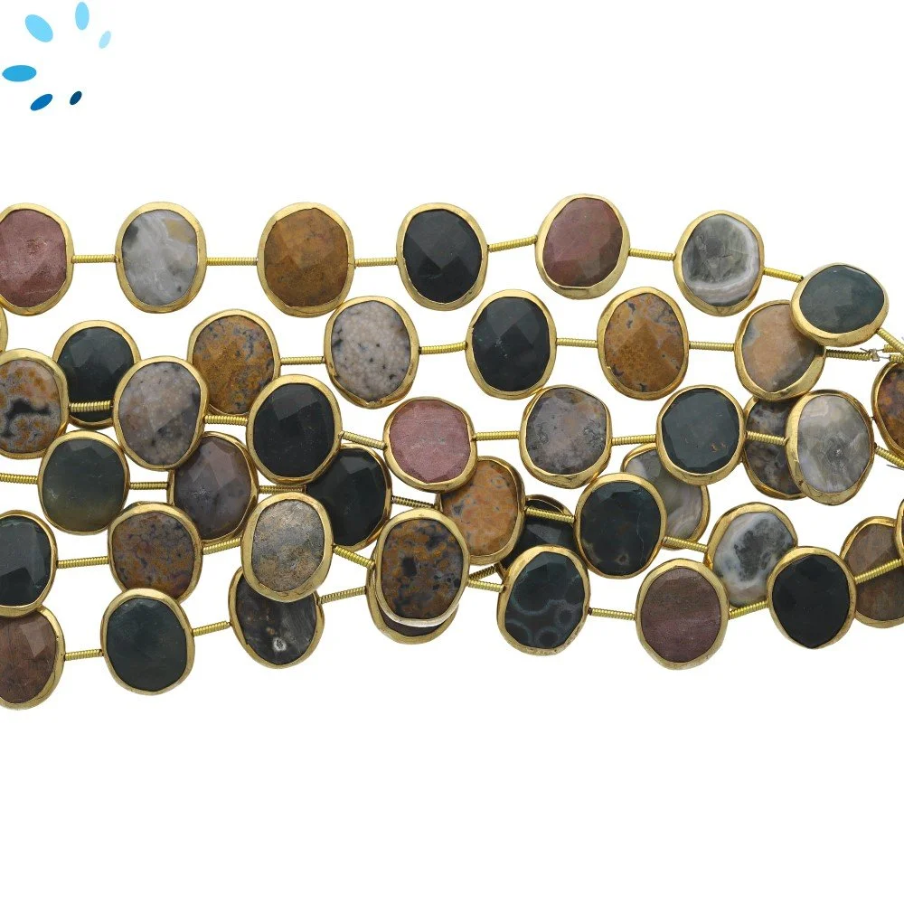 Ocean Jasper Faceted Nuggets Bezel Set Beads 15x12mm Center Drilled - 18k Gold Plated Sterling Silver