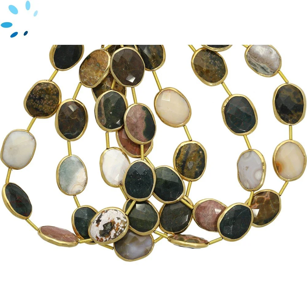 Ocean Jasper Faceted Nuggets Bezel Set Beads 15x12mm Top to Bottom Drilled - 18k Gold Plated Sterling Silver