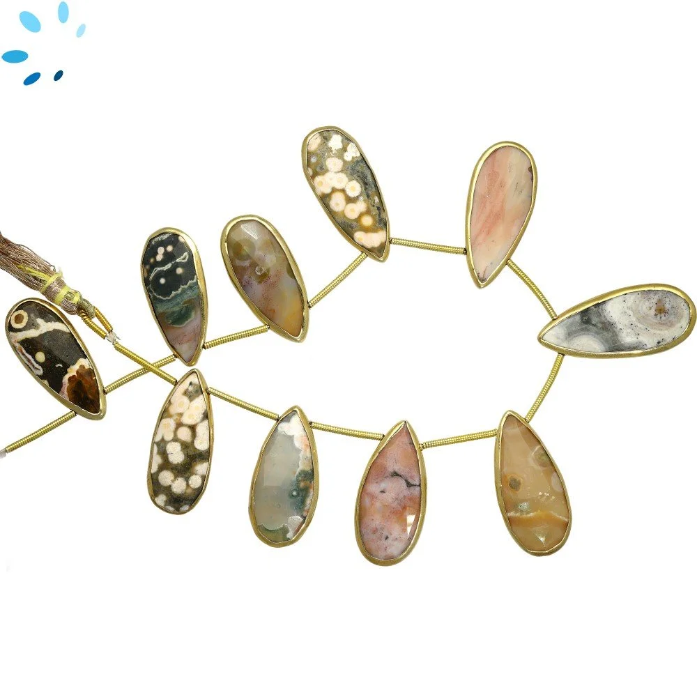 Ocean Jasper Faceted Pear Bezel Set Beads 24x12 - 28x14mm Top Drilled - 18k Gold Plated Sterling Silver