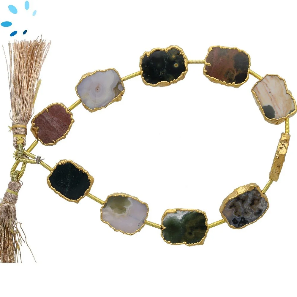 Ocean Jasper Top to Bottom Drilled Slice Beads 13x10 - 15x12mm - 18k Gold Electroplated