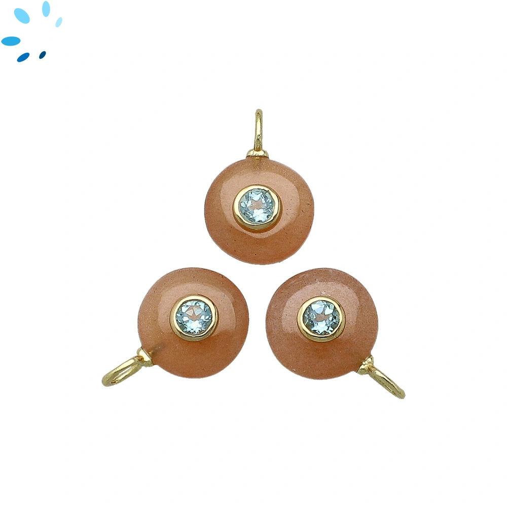 Peach Moonstone & Blue Topaz Round Inlay Charm Pendant 12mm - 18k Gold Plated Sterling Silver - 1 Piece