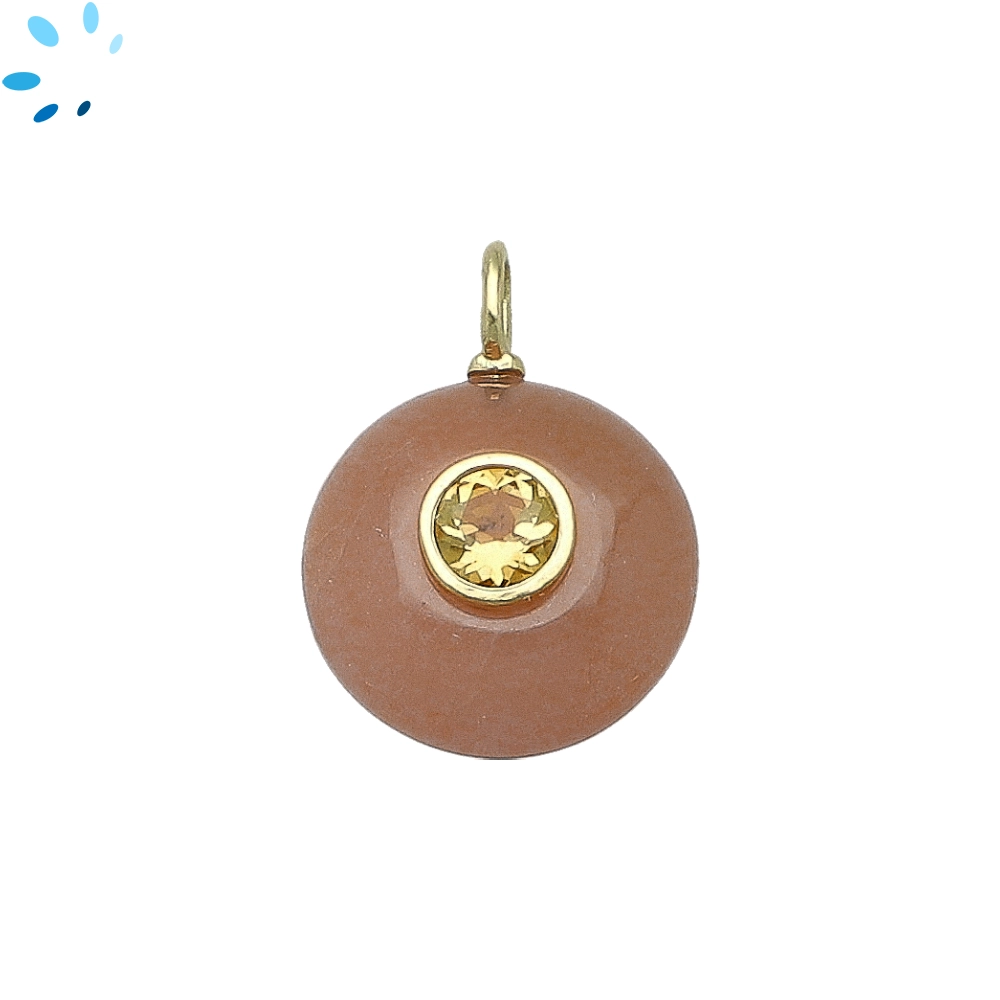 Peach Moonstone & Citrine Round Inlay Pendant Charm 16mm - 18k Gold Plated Sterling Silver