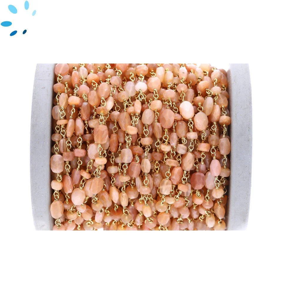 Peach moonstone Faceted Oval & Button Sterling Silver Gold Plated Rosary Style Beaded Chain Per Foot