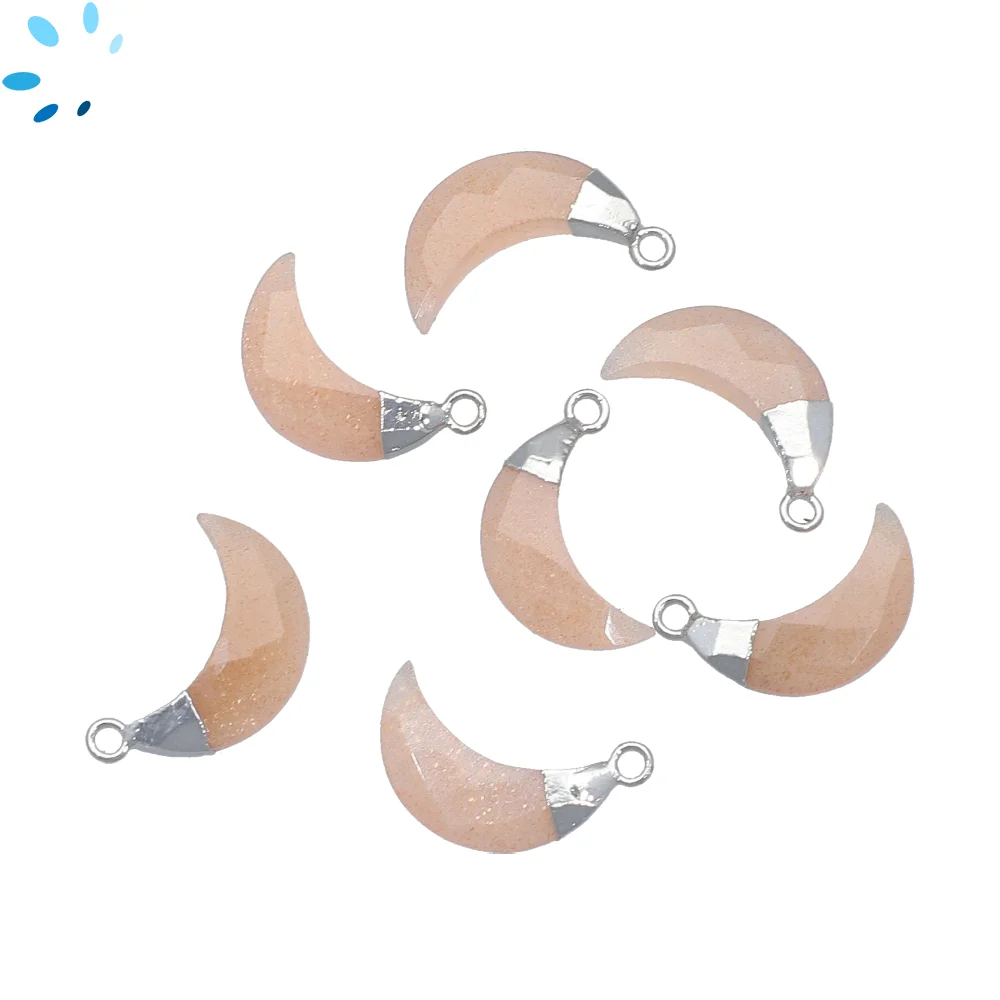 Peach Moonstone Moon Charm Pendant 13x5 - 15x6mm Silver Electroplated - Set of 4