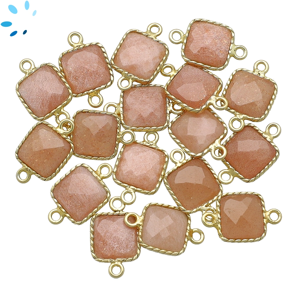 Peach Moonstone Square Twisted Wire Bezel Connector 10x10mm - 18k Gold Plated Sterling Silver - Set of 4