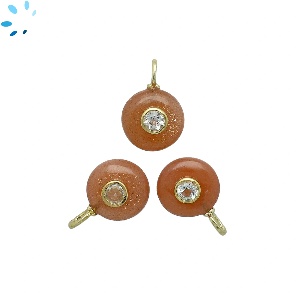 Peach Moonstone & White Topaz Round Inlay Charm Pendant 12mm - 18k Gold Plated Sterling Silver - 1 Piece