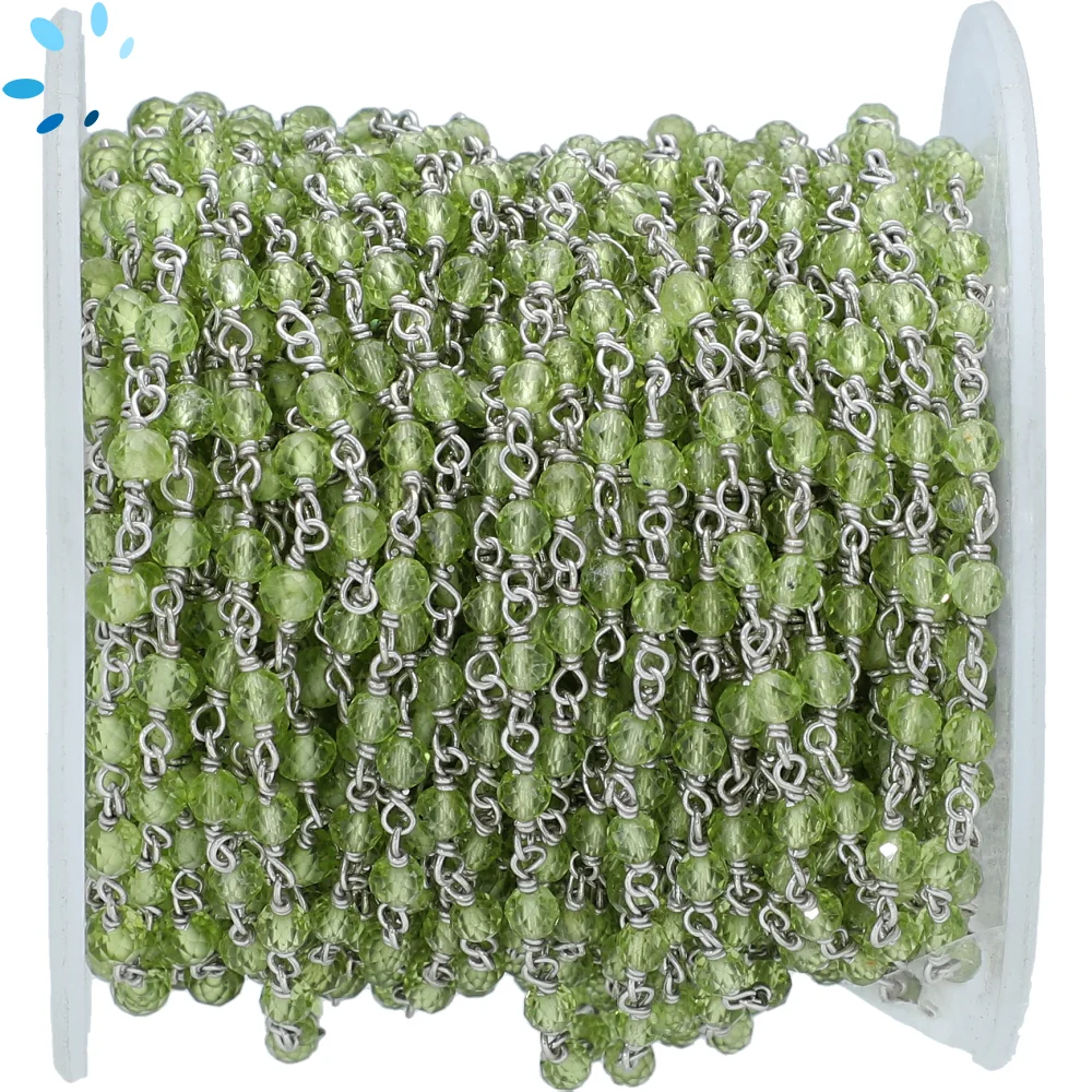 Peridot Faceted Button 4 mm Sterling Silver Rosary Style Beaded Chain Per Foot