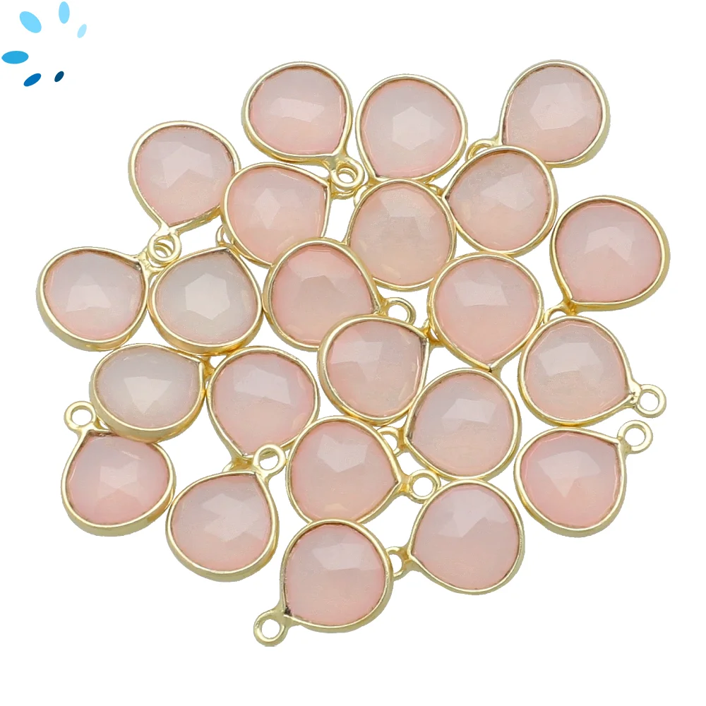 Pink Chalcedony Heart Bezel Pendant Charm 9mm - 18k Gold Plated Sterling Silver - Set of 4