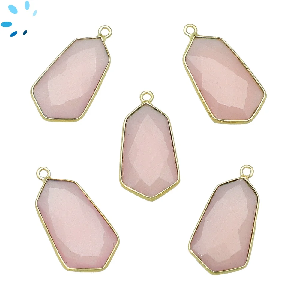 Pink Chalcedony Shield Bezel Pendant Charm 23x13mm - 18k Gold Plated Sterling Silver - Set of 2