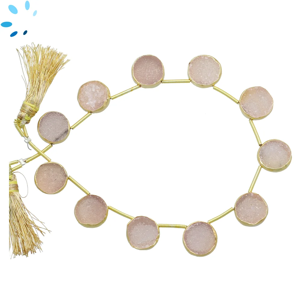 Pink Druzy Coin Bezel Set Beads 10mm Top Drilled - 18k Gold Plated Sterling Silver