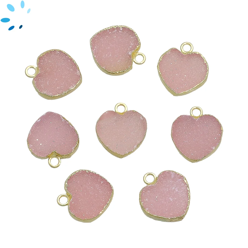 Pink Druzy Heart Charm Pendant 12mm 18k Gold Electroplated - Set of 4