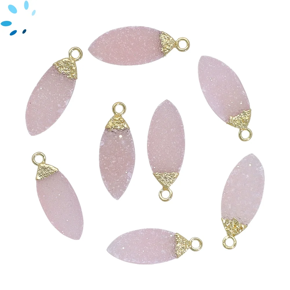 Pink Druzy Marquise Charm Pendant Charm 17x8mm 18k Gold Electroplated - Set of 4