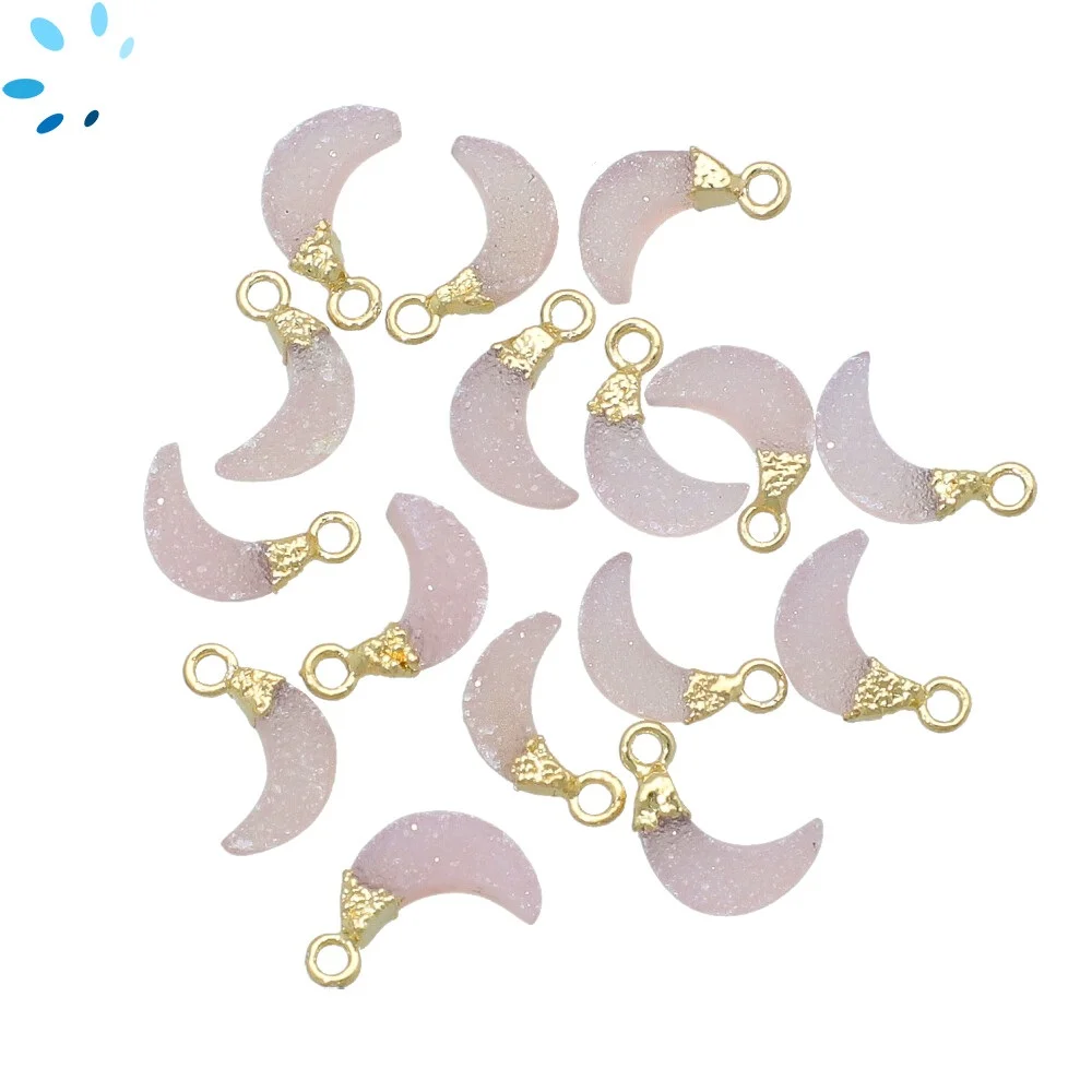 Pink Druzy Moon Charm Pendant 9x3mm 18k Gold Electroplated - Set of 4