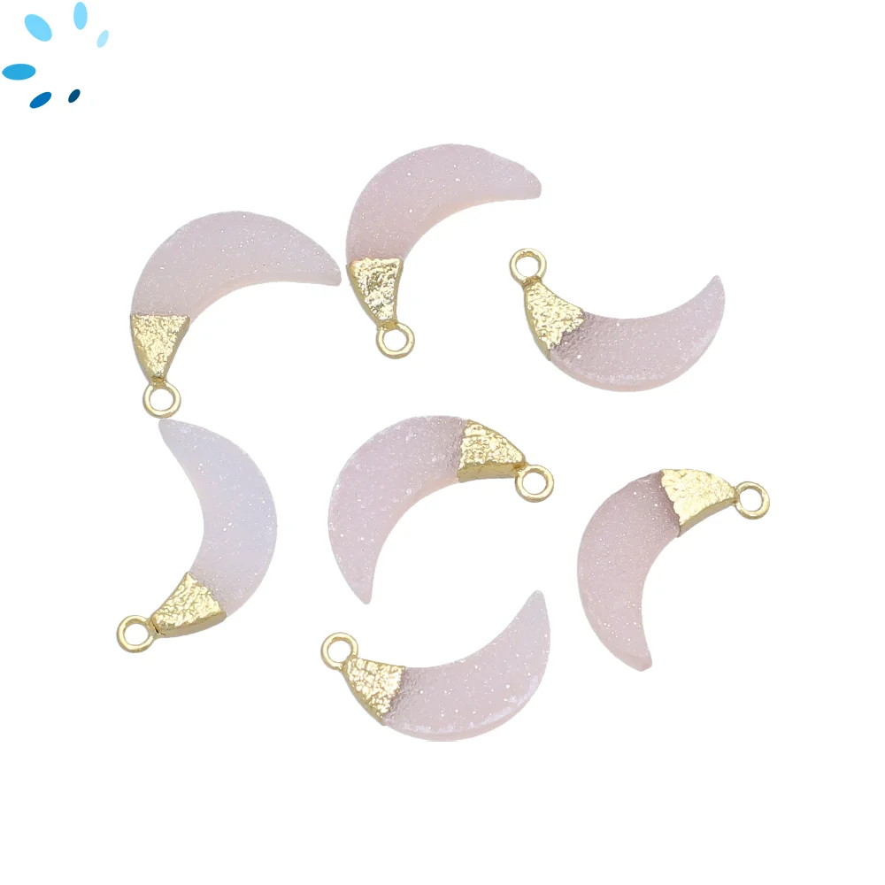 Pink Druzy Moon Pendant Charm 15x5 - 17x6mm 18k Gold Electroplated - Set of 4
