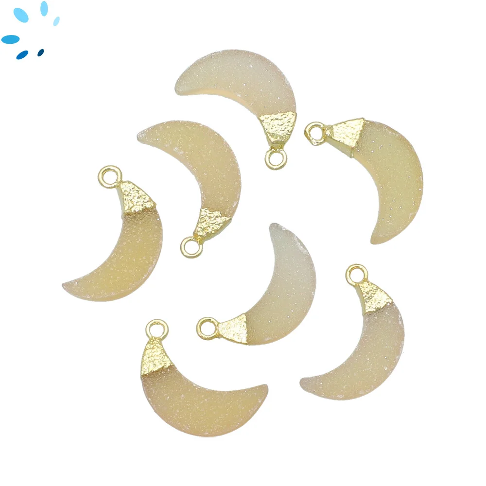 Pink Druzy Moon Pendant Charm 15x5mm 18k Gold Electroplated - Set of 4