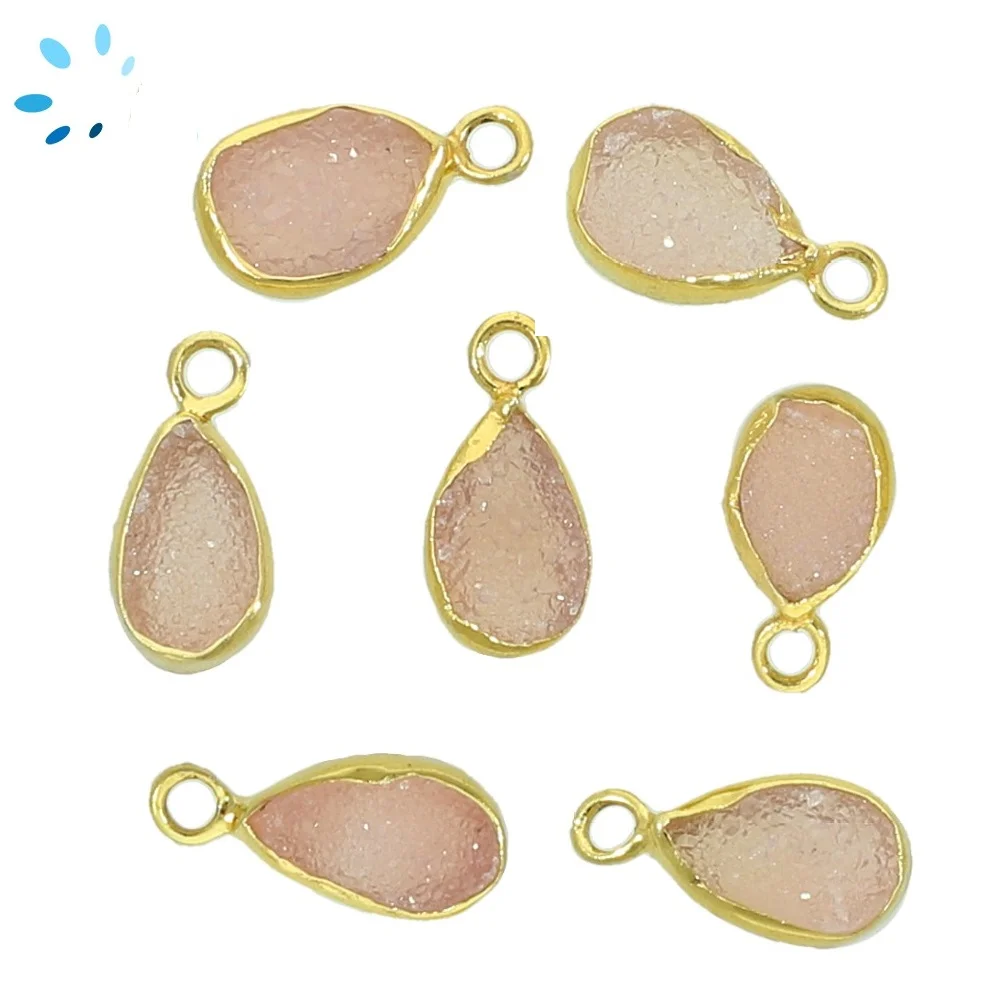 Pink Druzy Pear Bezel Pendant Charm 10x7 - 12x8mm - 18k Gold Plated Sterling Silver - Set of 4