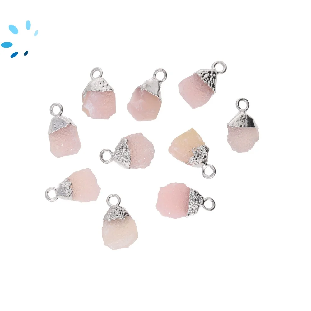 Pink Druzy Rough Charm Pendant 9x7mm Silver Electroplated - Set of 4