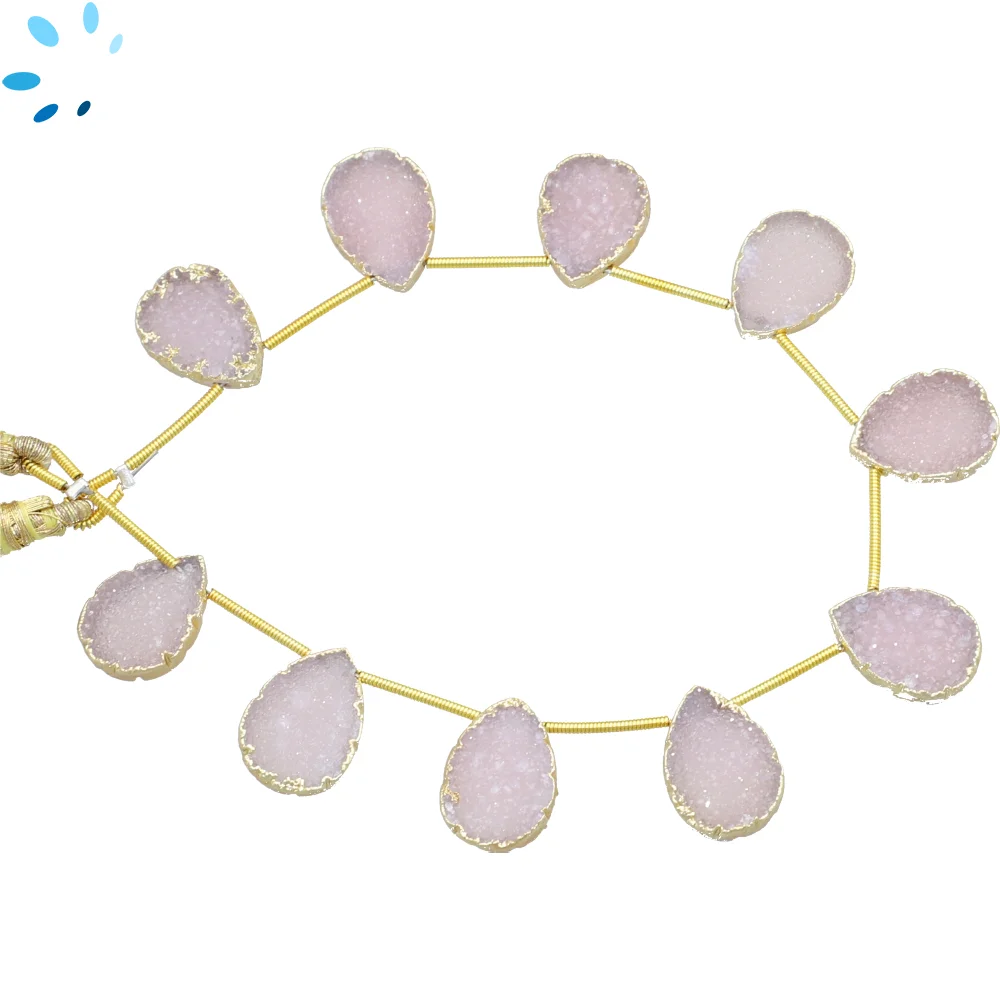Pink Druzy Top Drilled Pear Beads 15x10mm - 18k Gold Electroplated