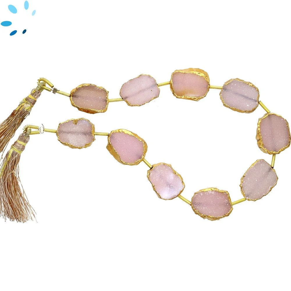 Pink Druzy Top to Bottom Drilled Slice Beads 15x11 - 17x13mm - 18k Gold Electroplated