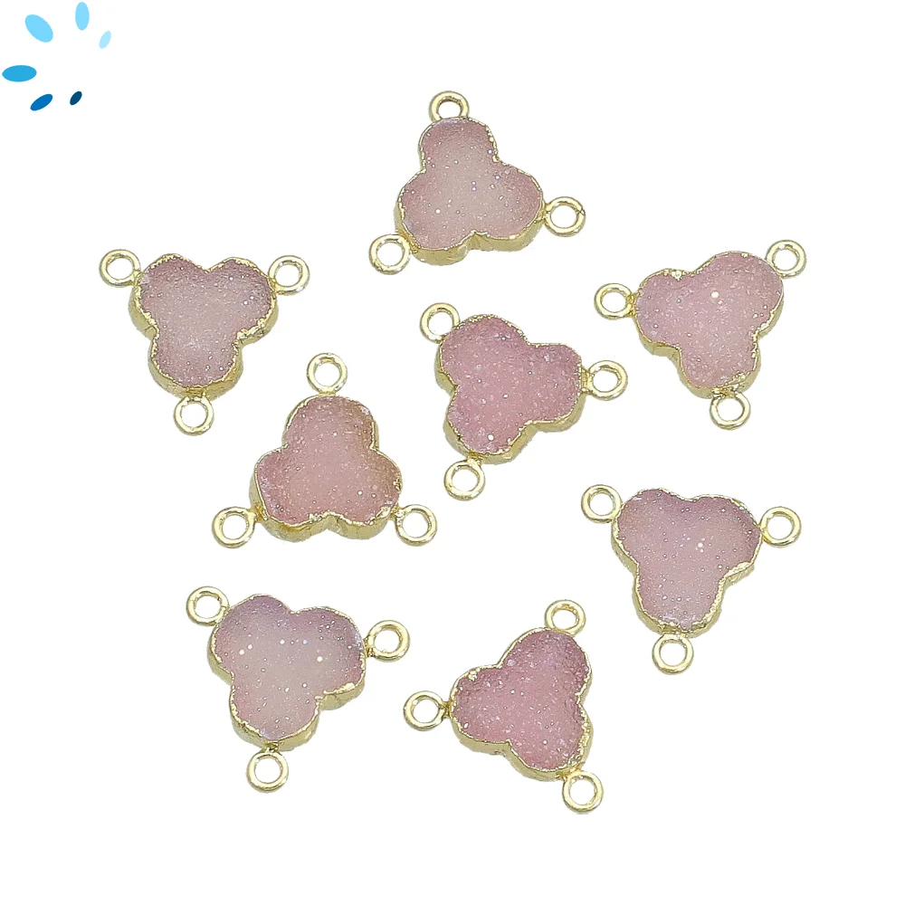 Pink Druzy Trefoil Connector 10mm 18k Gold Electroplated - Set of 4