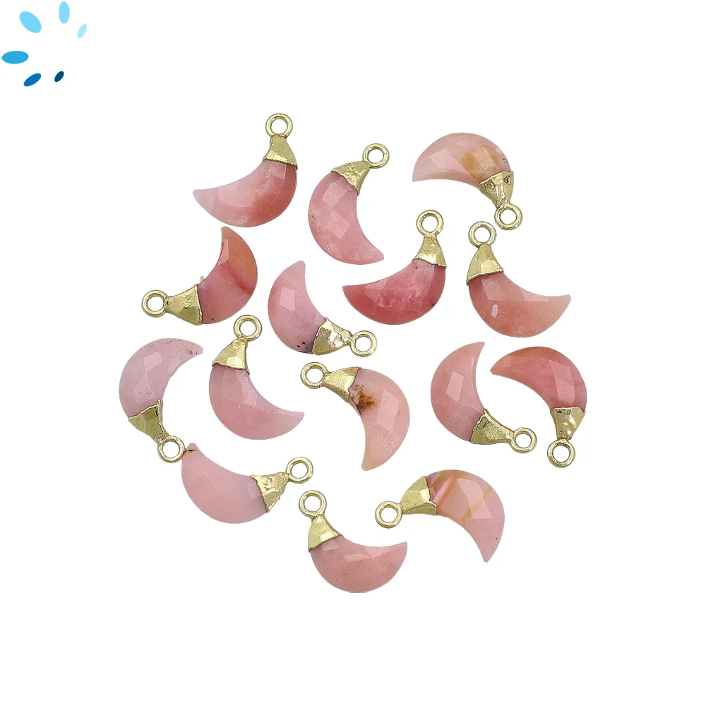 Pink Opal Moon Pendant Charm 10x5mm 18k Gold Electroplated - Set of 4